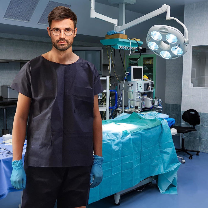 Disposable Scrubs Top and Bottom X-Large. Polypropylene Shirts and Shorts. Pack of 10 of Medical Scrub Top and Shorts; Dark Blue Shorts with Tie; Pockets. Scrubs Tops with Pockets