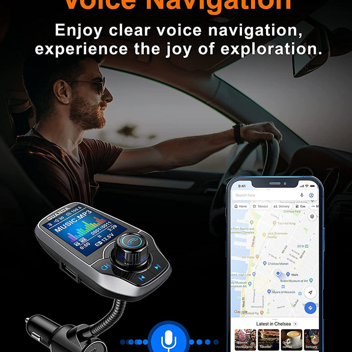 Bluetooth FM Transmitter in-Car Wireless Radio Adapter Kit W 1.8" Color Display Hands-Free Call AUX in/Out SD/TF Card USB Charger PD 20W for All Smartphones Audio Players