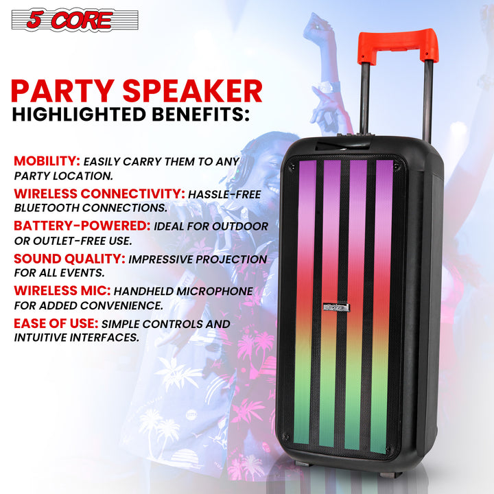 5 Core Bluetooth Speaker Karaoke Machine • 8" 3 Way Speaker • Portable Singing PA System • w DJ Light • FM + TWS + USB + SD Card + AUX + REC • Party Speakers Include Two Wireless Mics- PLB 8X2 2MIC