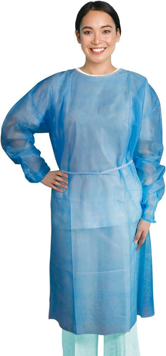 Disposable Gowns 45". Pack of 5 Blue Isolation Gowns X-Large. 35 gsm Polypropylene Disposable Scrubs with Long Sleeves; Neck and Waist Ties. Medical Disposable Gown