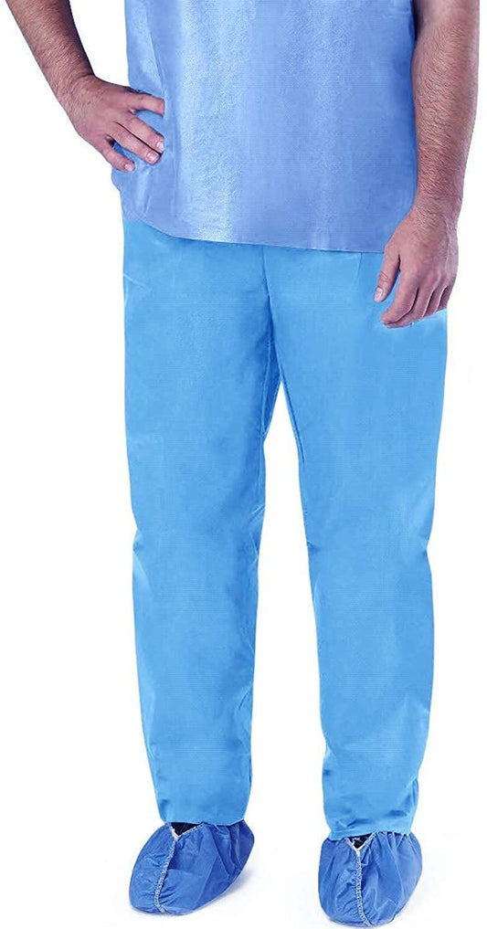 Disposable Blue Pants. Pack of 10 Polypropylene 35 GSM Adult Scrub Pants Medium. 10 Pairs of Non-Sterile Trousers with Waist Ties. Unisex PPE Clothing. Breathable; Durable Medical Scrubs.