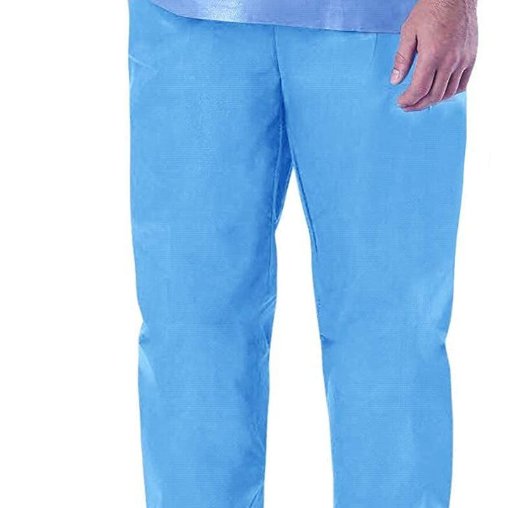 Disposable Blue Pants. Pack of 10 Polypropylene 35 GSM Adult Scrub Pants Medium. 10 Pairs of Non-Sterile Trousers with Waist Ties. Unisex PPE Clothing. Breathable; Durable Medical Scrubs.