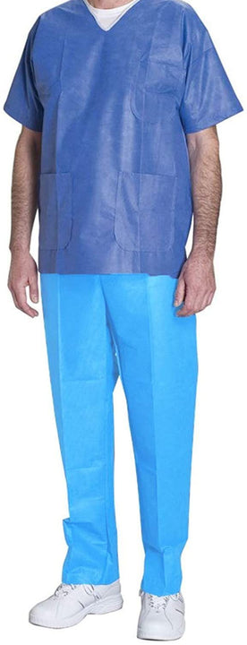 Disposable Blue Pants. Pack of 10 Polypropylene 35 GSM Adult Scrub Pants Medium. 10 Pairs of Non-Sterile Trousers with Waist Ties. Unisex PPE Clothing. Breathable; Durable Medical Scrubs.