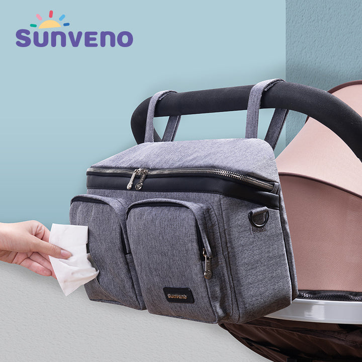 SUNVENO Universal Stroller Organizer Super Large Capacity, 2-in-1 Baby Stroller Organizer Waterproof Insulated Cup Holder Inside, Shoulder Bag & Strolller Storage Bag with 10 Pocket Including, Gray