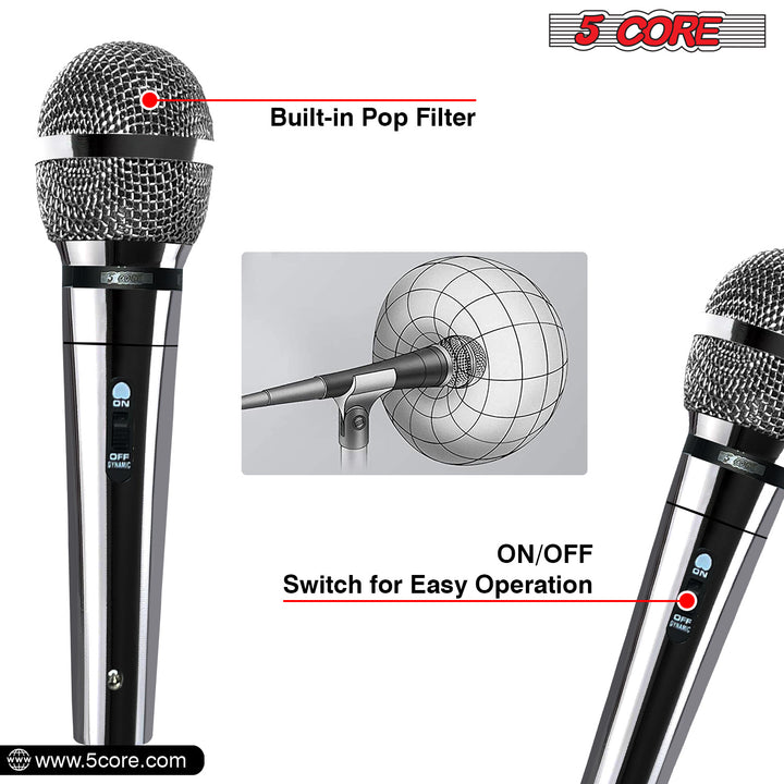 5 CORE Microphone Dynamic Vocal Handheld Mic Cardioid Unidirectional Microfono w On Off Switch + XLR Audio Cable for Singing Karaoke Public Speaking & Parties - PM 111 CH