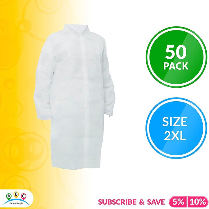 Pack of 50 White Polypropylene Lab Coats XX-Large Size. Unisex Disposable Coats 44" Long. Hook and Loop Fastener; Collar; Elastic Wrists; No Pockets. Poly Coats for Industrial Use.