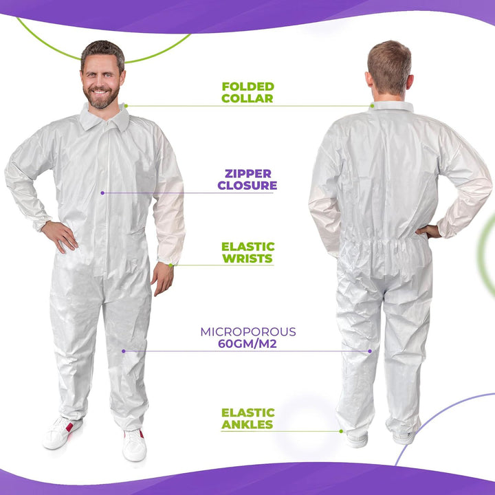 Disposable Coverall. White Adult Coverall Large Size Anti-Static Fabric Apparel with Zipper Front Entry; Storm Flap Zipper Cover from Some Liquids. Great for Industrial Applications.