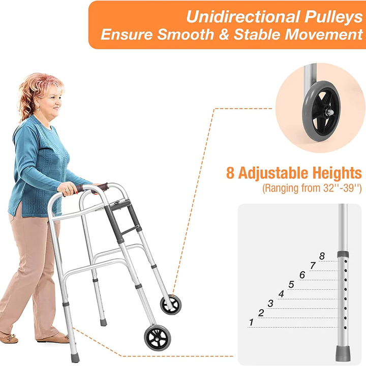 Adjustable Height 32"-39" Foldable Standard Walker with 5" Wheels & Folding Button, Support up to 300 lbs