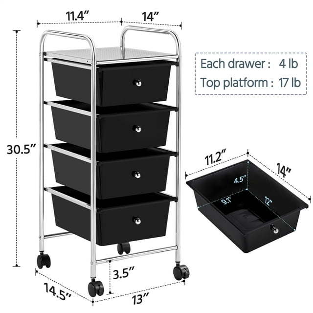 4 Drawers Metal Frame Storage Cart Rolling Bin Trolley, Black