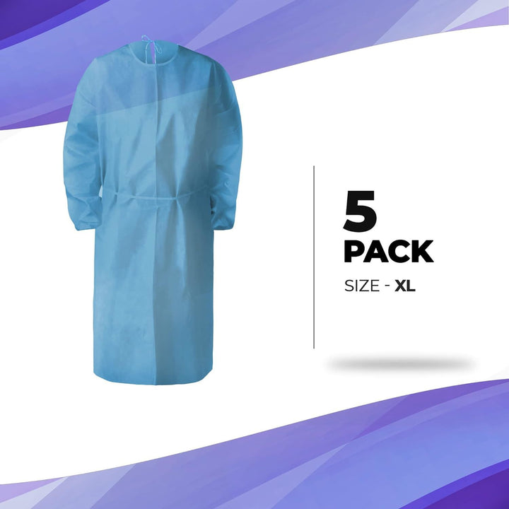 Disposable Gowns 45". Pack of 5 Blue Isolation Gowns X-Large. 35 gsm Polypropylene Disposable Scrubs with Long Sleeves; Neck and Waist Ties. Medical Disposable Gown