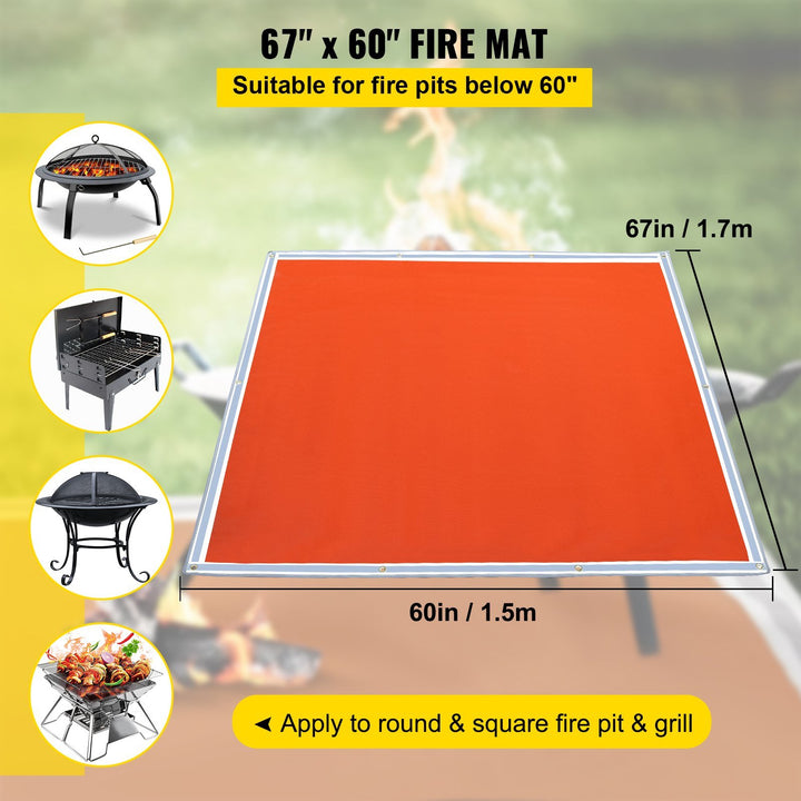 VEVOR Fire Pit Mat, 67" x 60" Fire Blanket, Fiberglass Welding Blanket, 3.3 lbs Fireproof Blanket, 1022°F Fire Retardant Blanket, Rust Iron Red Emergency Fire Blanket w/ 10 Grommets & 6 Silver Hooks