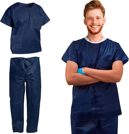 Disposable Scrubs Top and Bottom Large. 55 GSM Polypropylene Shirts and Pants. 5 Sets of Medical Scrub Top and Pants; Dark Blue Pants with Tie; Pockets. Scrubs Tops with Pockets