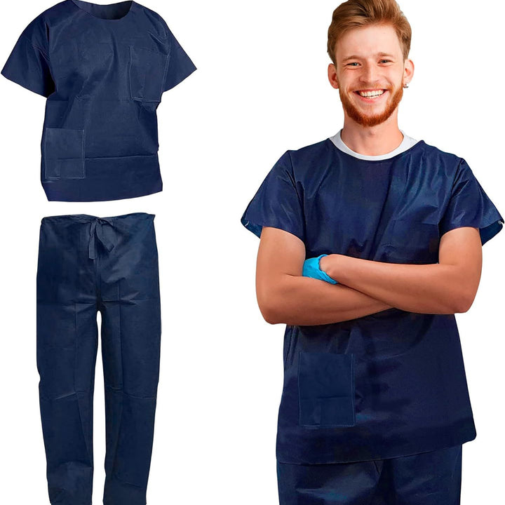 Disposable Scrubs Top and Bottom Large. 55 GSM Polypropylene Shirts and Pants. 5 Sets of Medical Scrub Top and Pants; Dark Blue Pants with Tie; Pockets. Scrubs Tops with Pockets