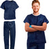 Disposable Scrubs Top and Bottom Large. 55 GSM Polypropylene Shirts and Pants. 5 Sets of Medical Scrub Top and Pants; Dark Blue Pants with Tie; Pockets. Scrubs Tops with Pockets