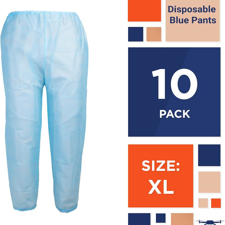 Disposable Blue Pants. Pack of 10 Polypropylene 35 GSM Adult Scrub Pants X-Large. 10 Pairs of Non-Sterile Trousers with Waist Ties. Unisex PPE Clothing. Breathable; Durable Medical Scrubs.