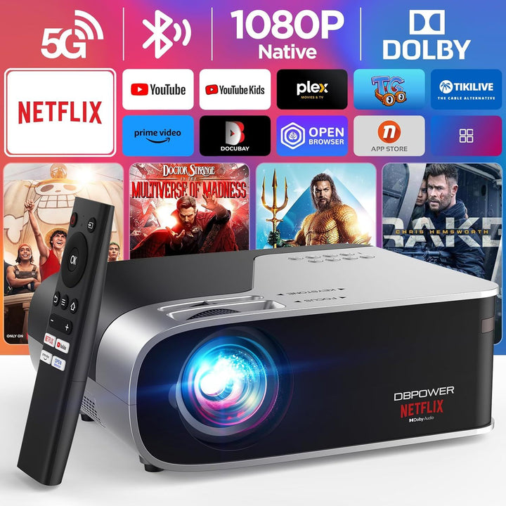 Projector with 5G WiFi and Bluetooth, DBPOWER Native 1080p Movie Projector Built-in Netflix, 500ANSI Portable Smart Projector 4K with Dolby Audio for Outdoor Home Theater