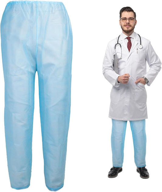 Disposable Blue Pants. Pack of 10 Polypropylene 35 GSM Adult Scrub Pants Large. 10 Pairs of Non-Sterile Trousers with Waist Ties. Unisex PPE Clothing. Breathable; Durable Medical Scrubs.